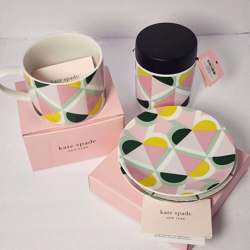 Kate Spade New York Geo Spade 4pc Mug Saucer Food Jar Set Modern Minimalist